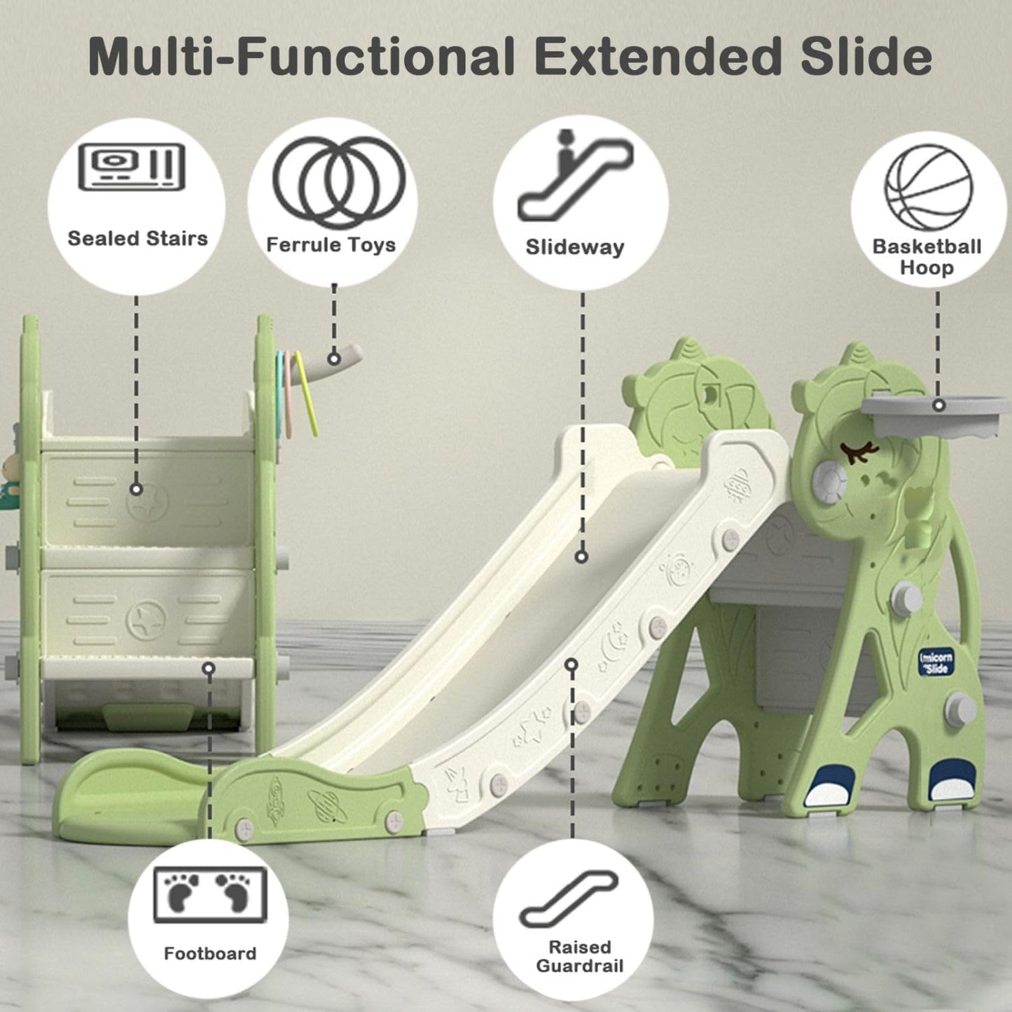 Kakbgee 8-in-1 Kinder Rutsche, Baby Slide, Mini-Bus, 2m HDPE Kinderrutsche - mit Geländer, Futschfesten Stufen, Tunnel, Stauraum, Gartenrutsche Spielplatz für Drinnen/draußen, ab 6 Monaten, Grau