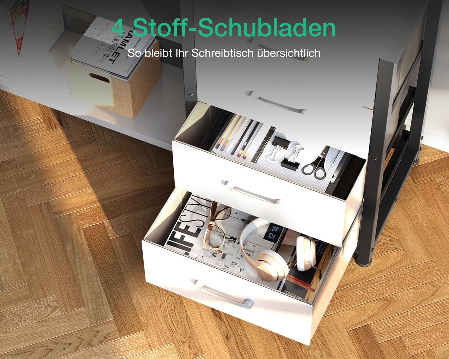 ODK Schreibtisch mit Schubladen, Reversible Eckschreibtisch mit 2 Steckdosen und 2 USB Ladeanschluss, Bürotisch L Form mit LED für Home Office 135×110cm (Graueiche)
