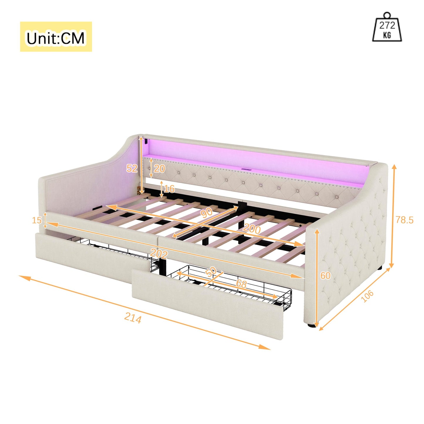 Aoskem Polsterbett Tagesbett Einzelbett 90x200 mit 2 Stauraum Schubladen, Kinderbett LED-Sofabett mit USB-Ladebuchse, Bettgestell mit Lattenrost, Jugendbett Schlafsofa, Ohne Matratze, Leinen (Grau)
