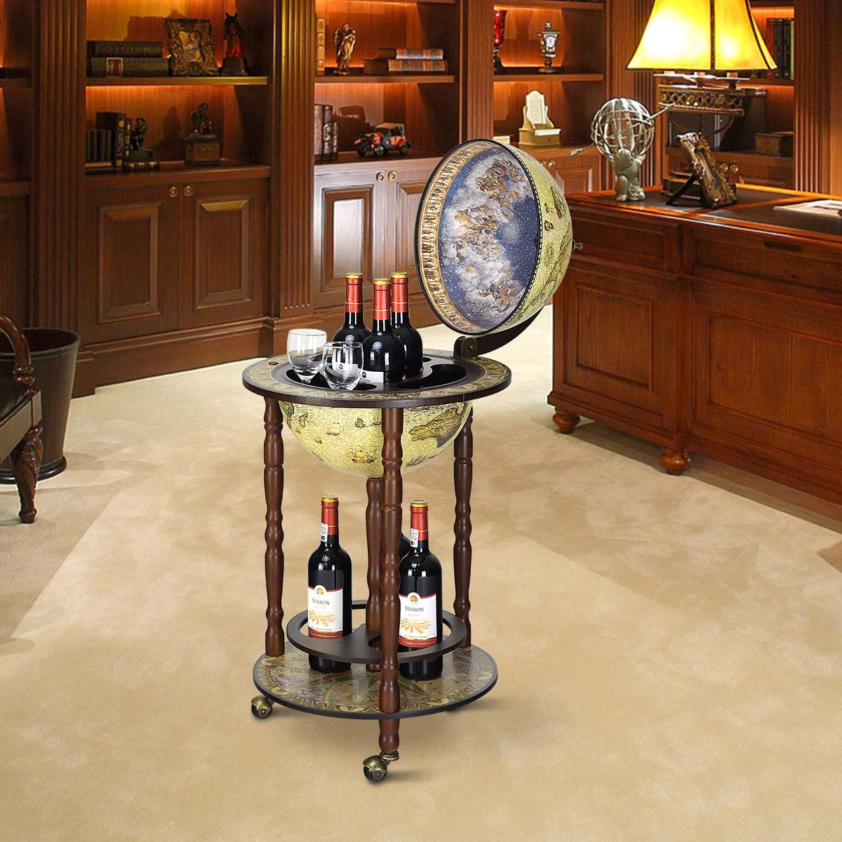 RELAX4LIFE Globe Bar on Wheels, Bar Trolley with World Globe, Bar Table Solid Wood, Serving Trolley with Wine Bottle Holder, Mobile Cocktail Bar, Antique Look, Decorative Mini Bar Serving Table