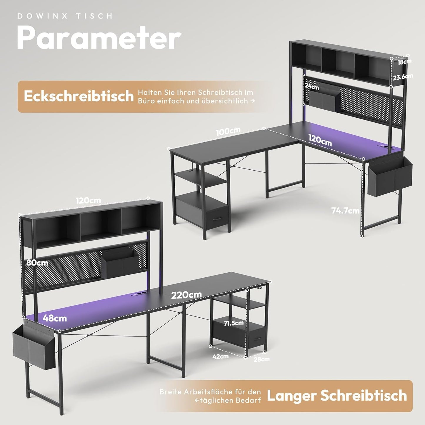 Dowinx LED Gaming Table, L-Shaped Desk with Pegboard and Storage Space, Reversible Computer Desk with Sockets and USB, Office Corner Desk for Home Game, Grey, 120 x 148 cm