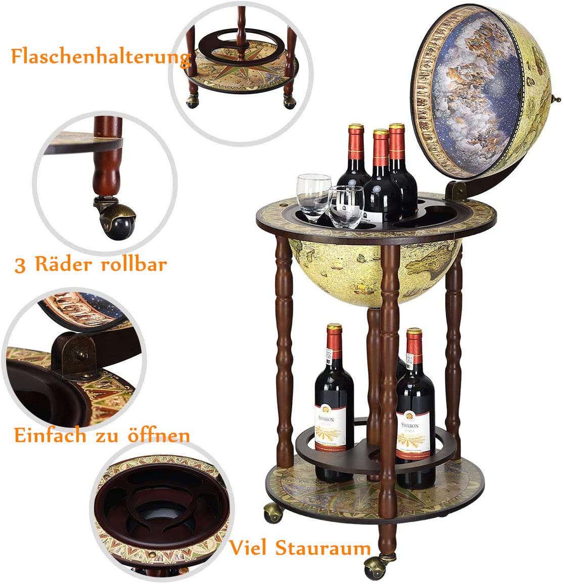 RELAX4LIFE Globe Bar on Wheels, Bar Trolley with World Globe, Bar Table Solid Wood, Serving Trolley with Wine Bottle Holder, Mobile Cocktail Bar, Antique Look, Decorative Mini Bar Serving Table