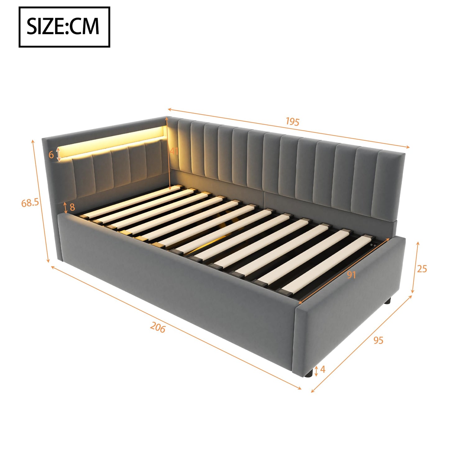 KEYIDE Upholstered Sofa Bed, 140 x 200 cm with LED Lighting and USB Charging, Bed Frame with Wooden Slatted Frame, Day Bed, Guest Bed, Youth Bed, Velvet Fabric, Without Mattress (Grey, 140 x 200)
