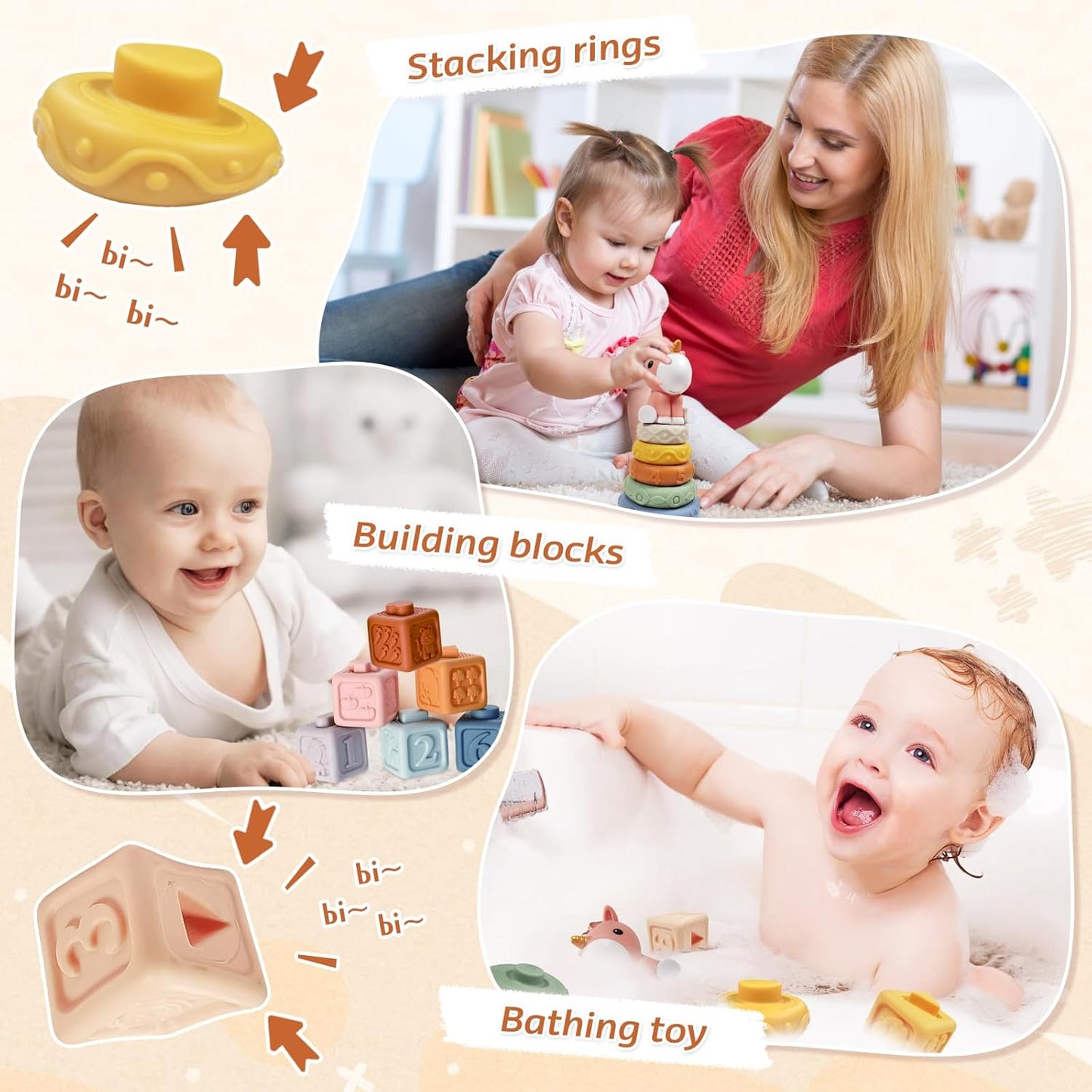 Almaxi Baby Toy 6 Months - 3 Years, 4-in-1 Montessori Toy, Stacking Tower, Silicone Building Blocks, Sensory, Tissue Box, Birthday Gift for Baby 6 9 12 Months 1 2 3 Years