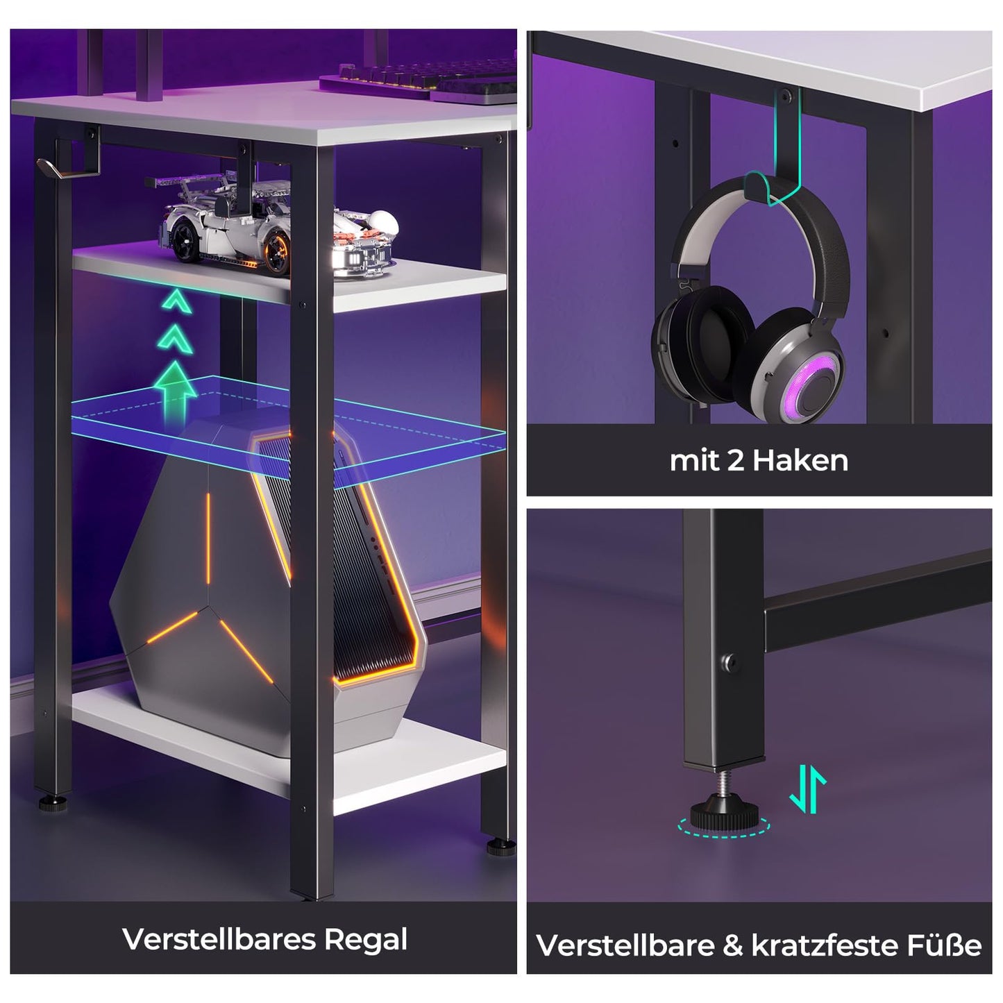 Rolanstar Schreibtisch L Form mit LED & Steckdosen, 117 cm Computertisch mit Monitorständer & Ablagefläche, Reversibler Eckschreibtisch mit 2 Haken, perfekt für Arbeitszimmer Schlafzimmer Büro