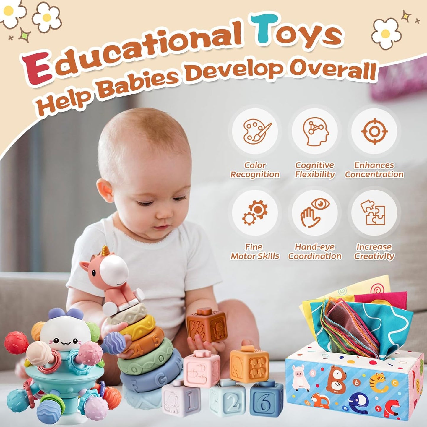 Almaxi Baby Toy 6 Months - 3 Years, 4-in-1 Montessori Toy, Stacking Tower, Silicone Building Blocks, Sensory, Tissue Box, Birthday Gift for Baby 6 9 12 Months 1 2 3 Years