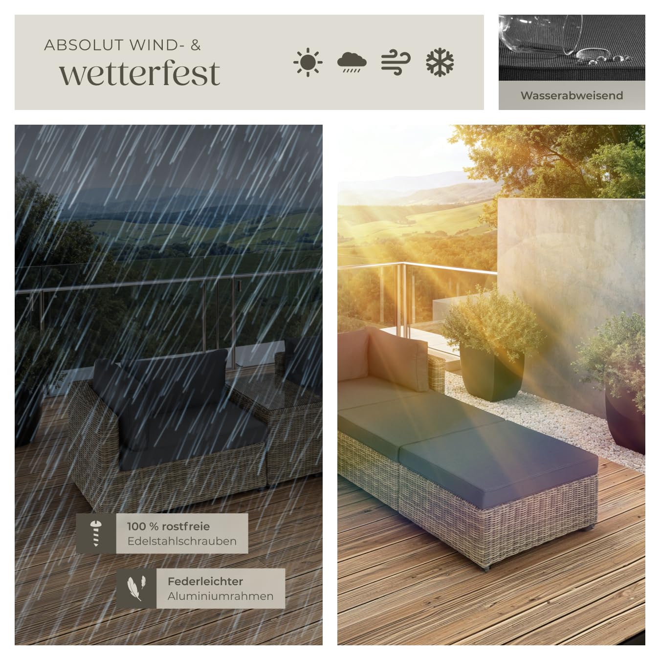 tectake® Luxus Rattan Lounge Set Outdoor, modulares Sofa mit Couch Tisch und Hocker, Balkon Möbel, Garten, Terrasse, Gartenmöbel Set wetterfest, Balkon Lounge, Gartenlounge - Natur