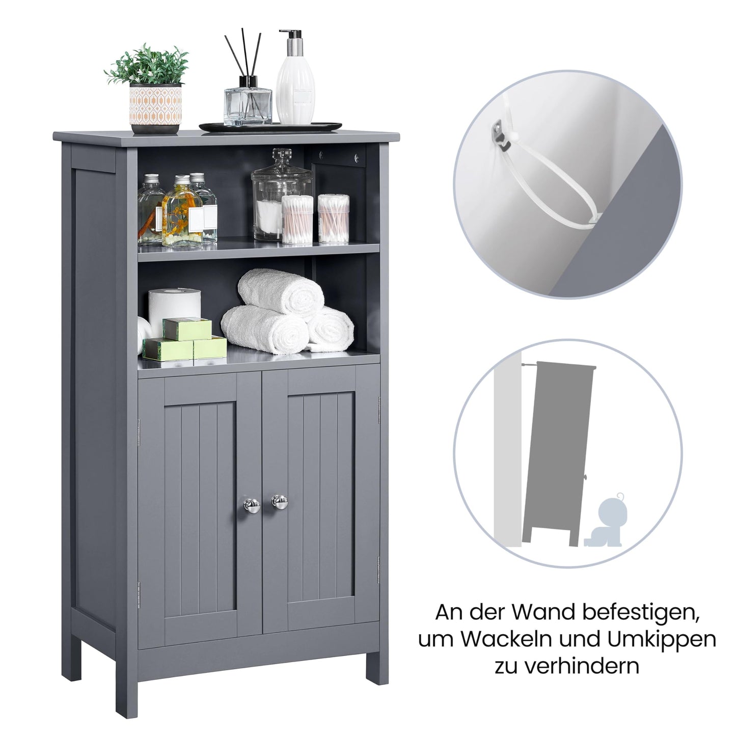 Yaheetech Bathroom Cabinet with Double Door and 2 Open Shelves Bathroom Shelf Bathroom Chest of Drawers with Adjustable Shelf Dark Grey 50 x 30 x 92.5 cm