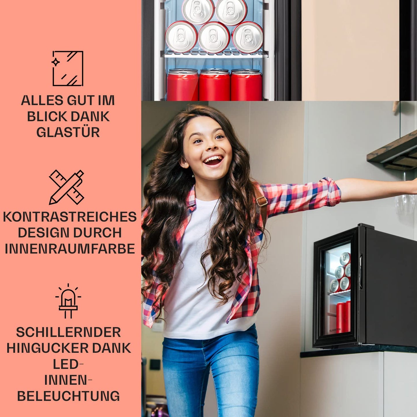 Klarstein Kühlschrank, Mini Kühlschrank mit Glastüre, Mini-Kühlschrank für Getränke, Snacks & Kosmetik, Kühlschrank Klein & Leise, Verstellbare Ablagen, Kleiner Skincare Kühlschrank 12-18°C, 23L