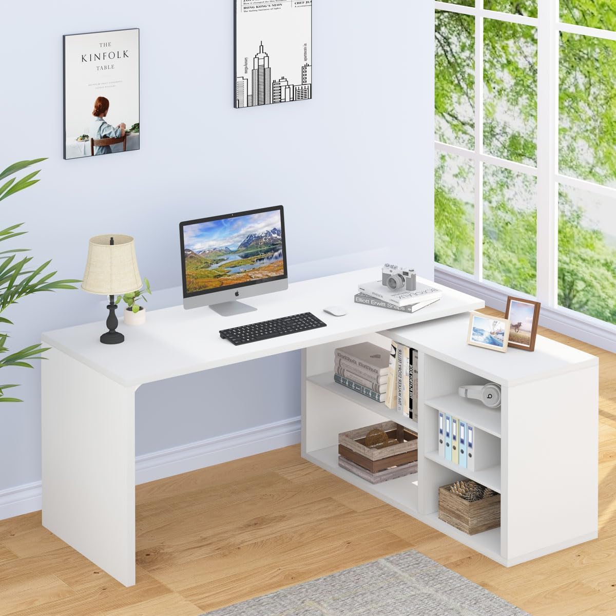 HSH Schreibtisch L Form Weiß, Wendbarer Computertisch mit Stauraum für für Büro und Arbeitszimmer, PC & Studium, Homeoffice, Eckschreibtisch mit Aufbewahrungsschrank & Ablagen, 140cm