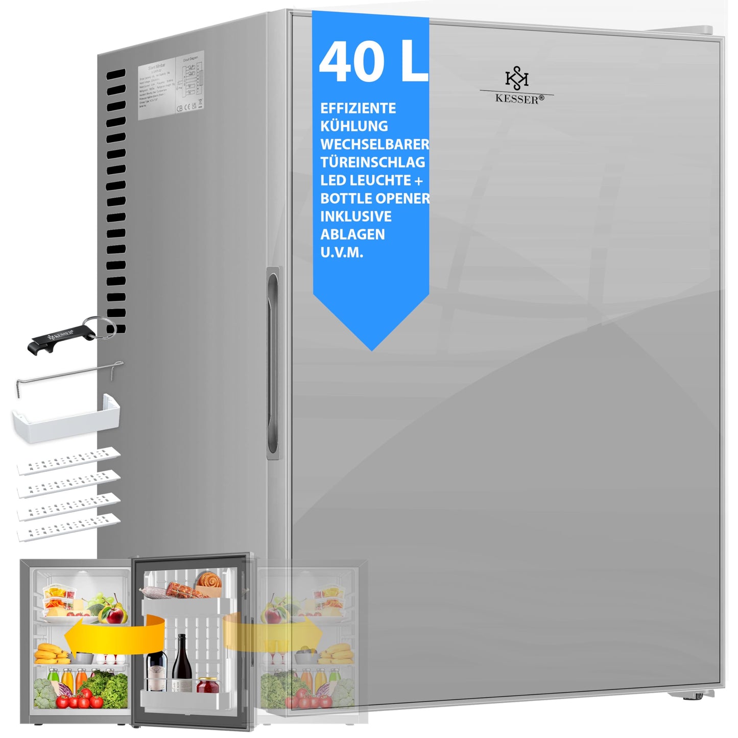 KESSER® Mini Fridge 40 L Lockable Mini Bar Ideal for Camping, Office, Bedroom, Hotel, Kitchen, Small Fridge Completely Silent, Interchangeable Door Hinge, Interior Lighting with Glass Opener