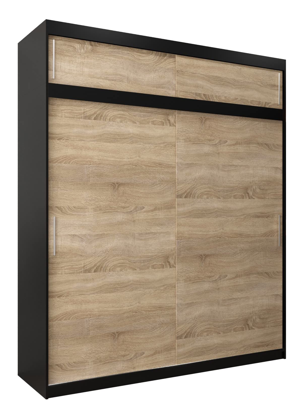 MEBLE KRYSPOL Tokyo 250 Wardrobe with Three Sliding Doors for Bedroom – Modern Storage Cabinet with Clothes Rail and Shelves – 250 x 200 x 62 cm – Matte Black and Artisan