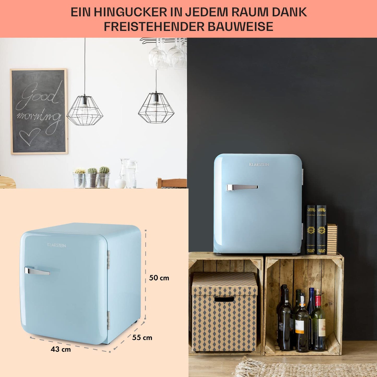 Klarstein Kühlschrank, Mini-Kühlschrank für Getränke, Kühlschrank Klein, Kleiner Kühlschrank Lautlos, Skincare Fridge, Vintage Design, Camping Kühlschrank, Minikühlschrank für Zimmer, 0-10°C, 70 L