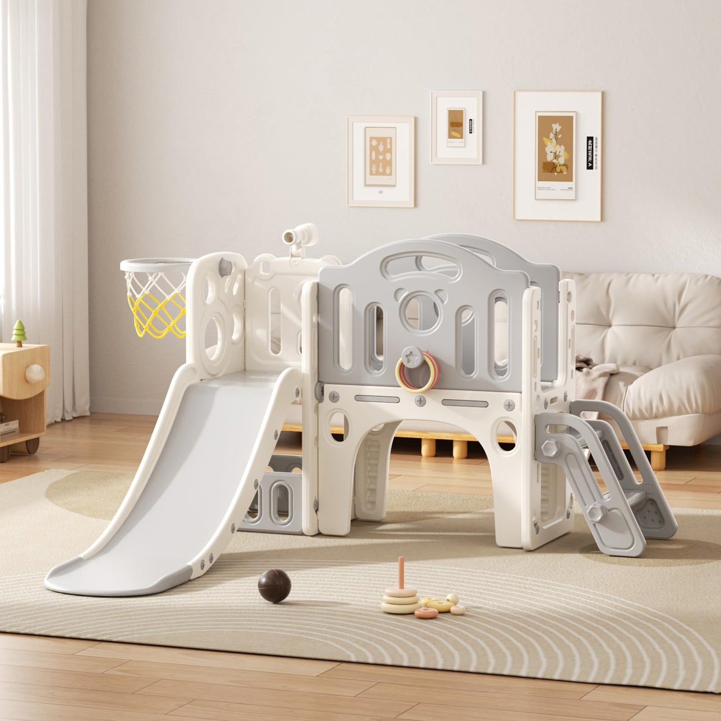 Rutsche mit Klettergerüst für Kinder: Indoor Spielplatz mit - Aufbewahrungsbox Tunnel Treppenleiter Basketballkorb und Durchgangsbereich Gartenrutsche (Star Set-G-Brown)
