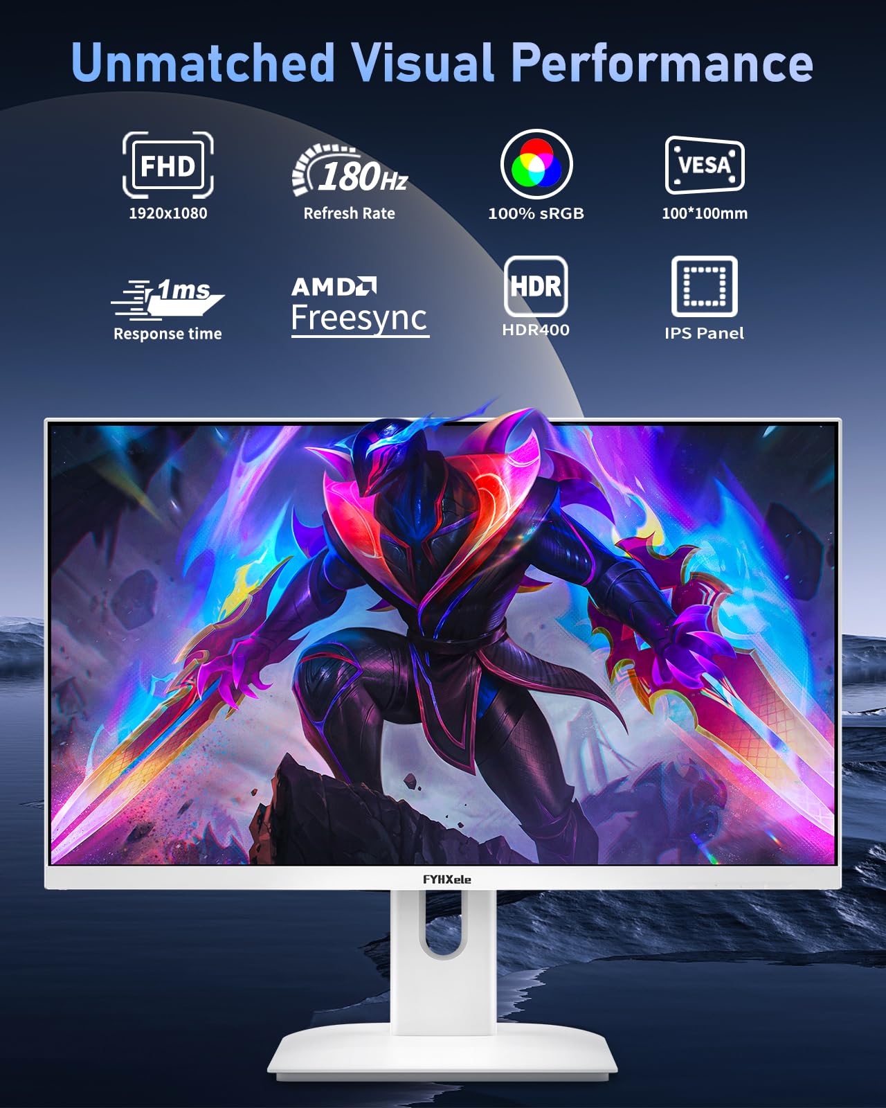 FYHXele Gaming Monitor 24 Inch 180Hz 1080P IPS 1ms MPRT PC Monitor Built-in Speaker Support 144hz/165hz/180hz Freesync Premium Display Eye Care DisplayPort1.4 HDMI2.1 VESA