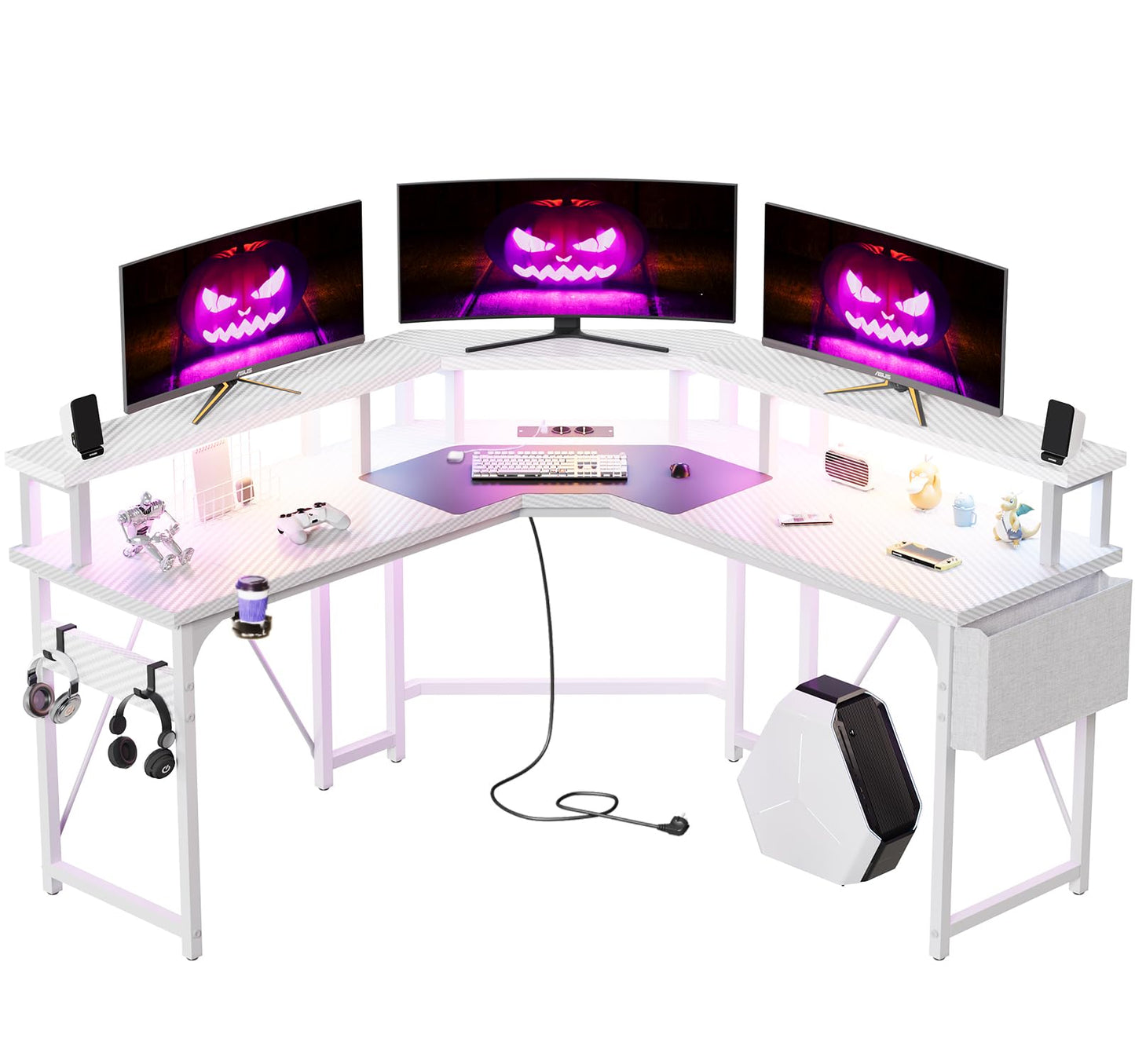 Devoko 153x153 cm Gaming Schreibtisch mit LED, groß Gaming Tisch L Form mit 2 Steckdosen und 2 USB Ladeanschluss, Eckschreibtisch PC Tisch mit großzügiger Monitorablage, Kohleschwarz