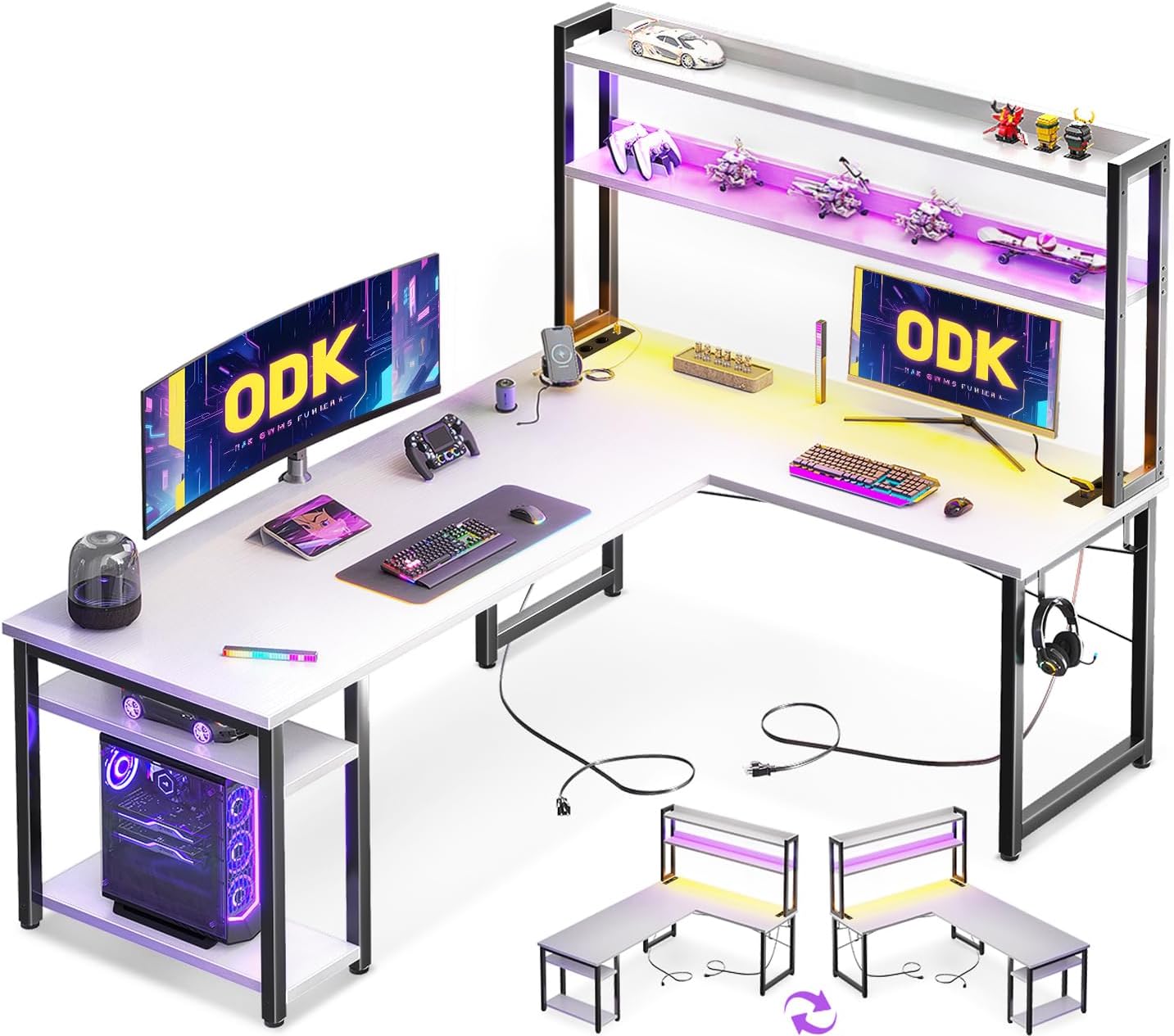 ODK Eckschreibtisch Weiß mit Stall, 150×120 cm Reversibel Gaming Tish L Form mit LED, Computertisch mit USB-Ladeanschluss&Steckdose, Gaming Schreibtisch für das Heimbüro