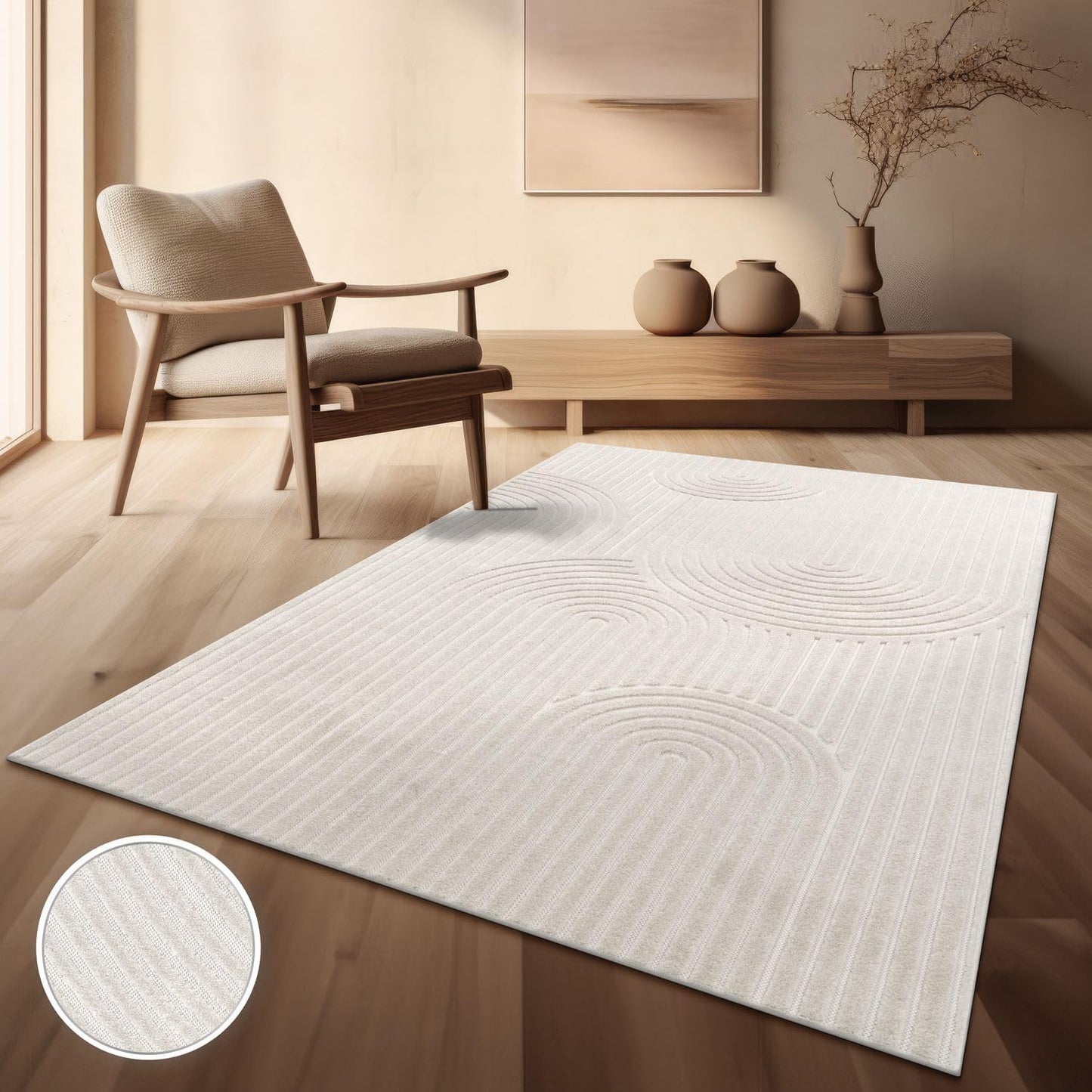 TT Home Indoor and Outdoor Rug Weatherproof Balcony Bedroom Boho Skandi Motif Plain Colours Colour: Cream 3, Size: 60 x 100 cm
