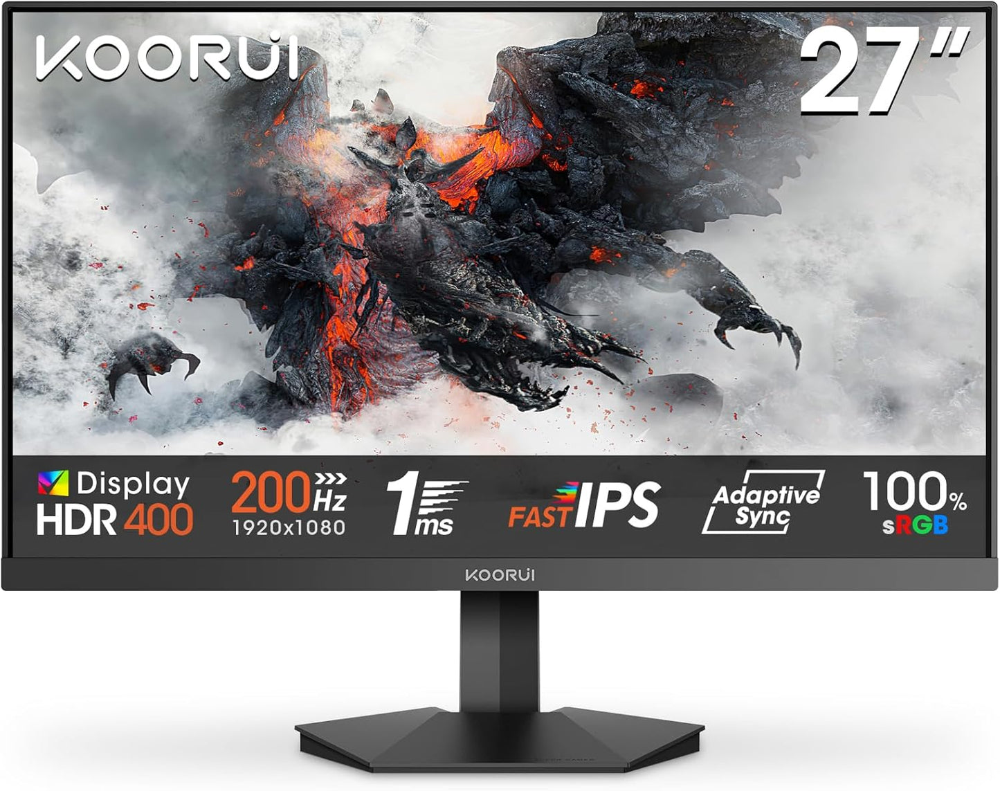 KOORUI Gaming Monitor 24 Inches, 200Hz PC Screen FHD 1920 x 1080 Fast IPS HDR400, Adaptive Sync 1ms, HDMI 2.0 & DP 1.4, VESA 75 x 75 mm-G2411P