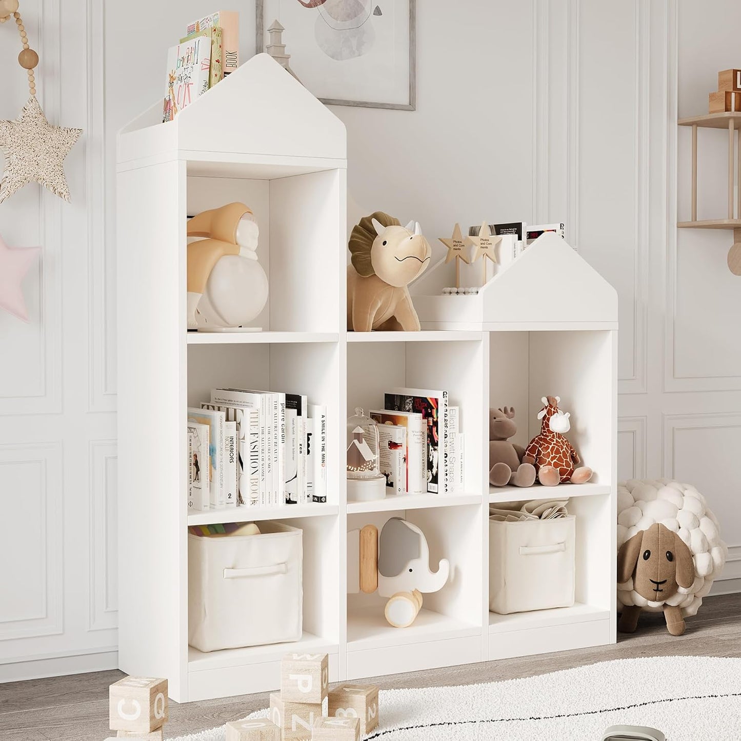 Garvee Kinder Bücherregal mit Lese Breite Kinder Bücherregal 6-Cubby Spielzeug Aufbewahrung Organizer Sitzkissen Holz Aufbewahrungsbank Spielhaus Schrank Kinderzimmer, Spielzimmer Weiß 121x30x107cm
