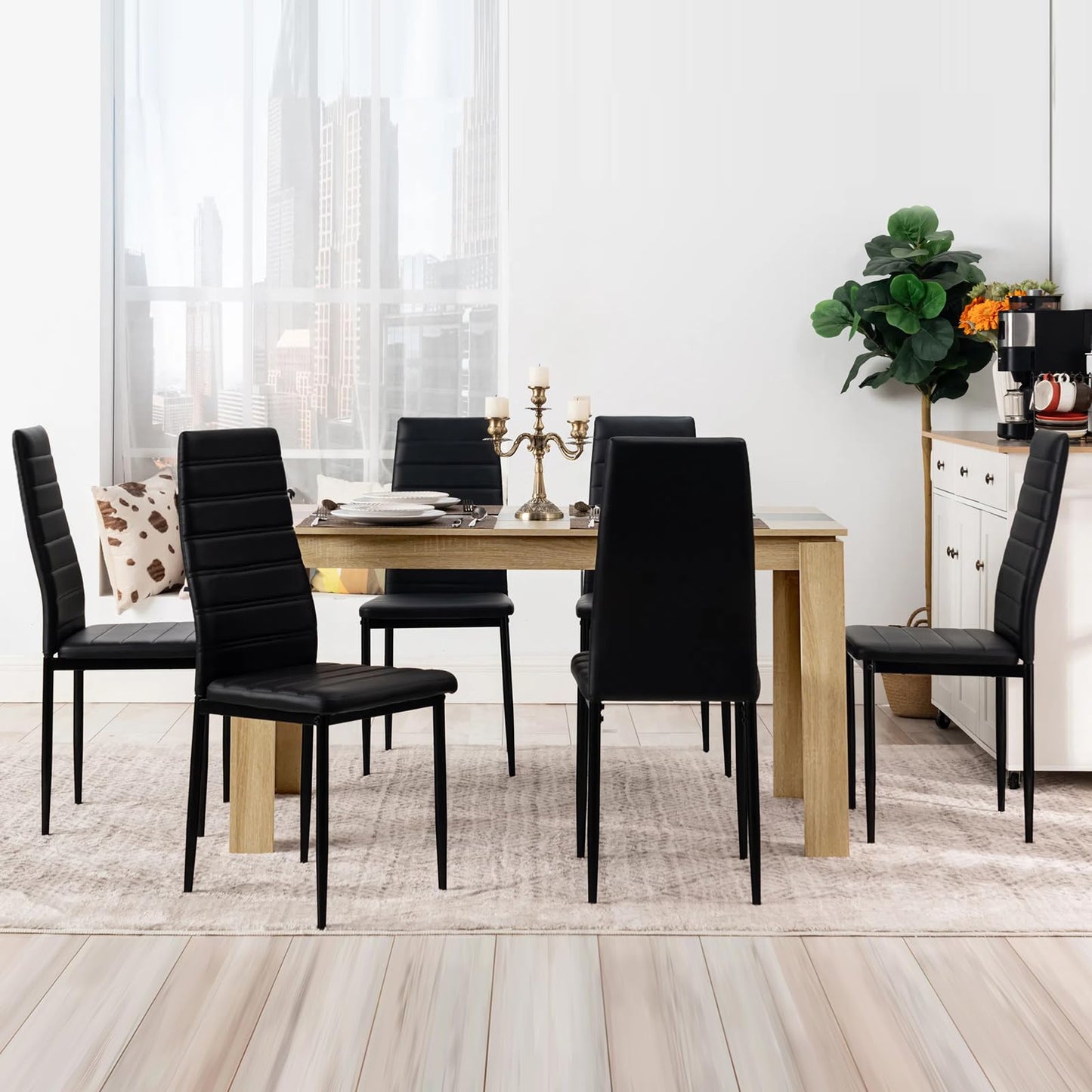 FURNITABLE Esstisch mit 6 Stühlen Esszimmergruppe, Essgruppe mit Hochlehner Kunstleder Stuhl für 6 Personen, Sitzgruppe für Küche Wohnzimmer(160cm Eiche-Weiß Tischbein Tisch+6 Schwarz Stühle)