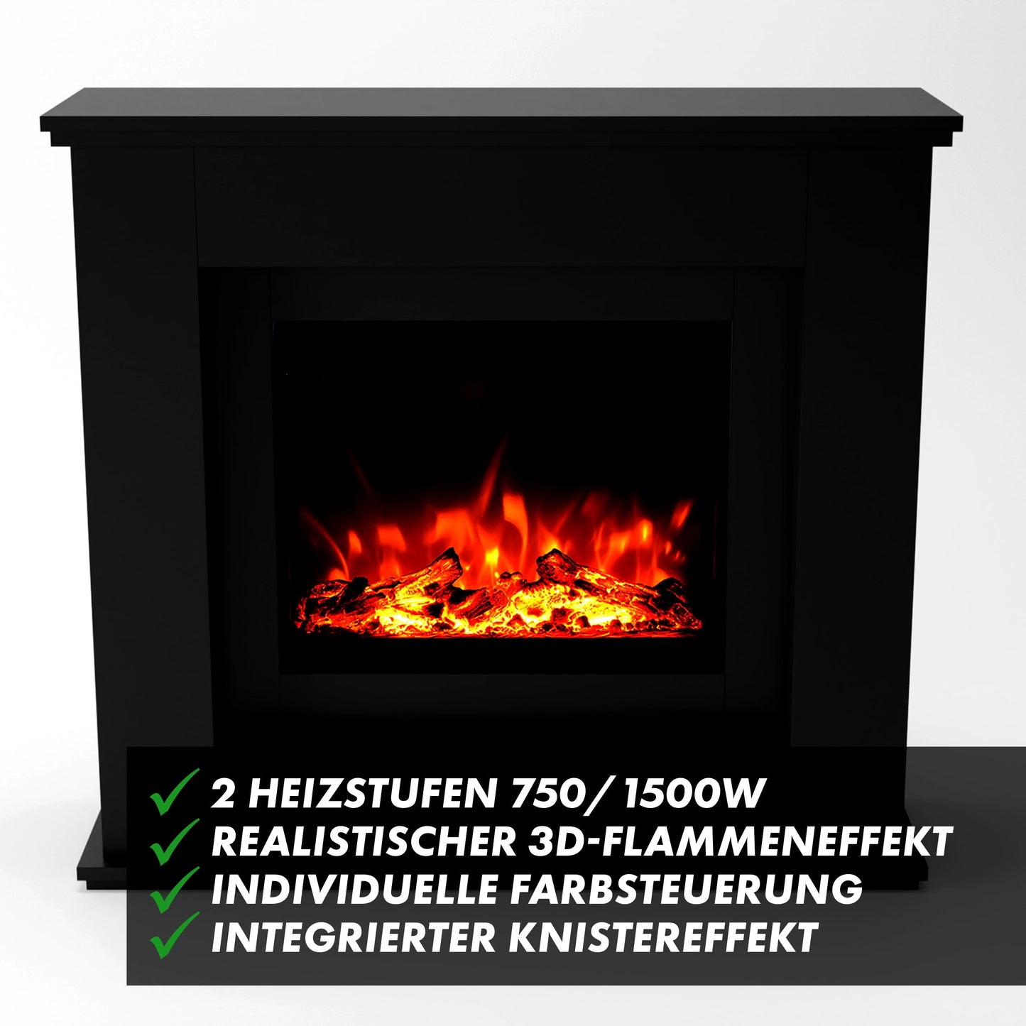 GLOW FIRE Elektrokamin mit Heizung und Kaminfeuer (Standkamin Europa) - elektrischer Kamin mit LED-Feuer in 3 Farben, Heizlüfter, Holz-Deko & Fernbedienung, 111x101x33 cm, Schwarz
