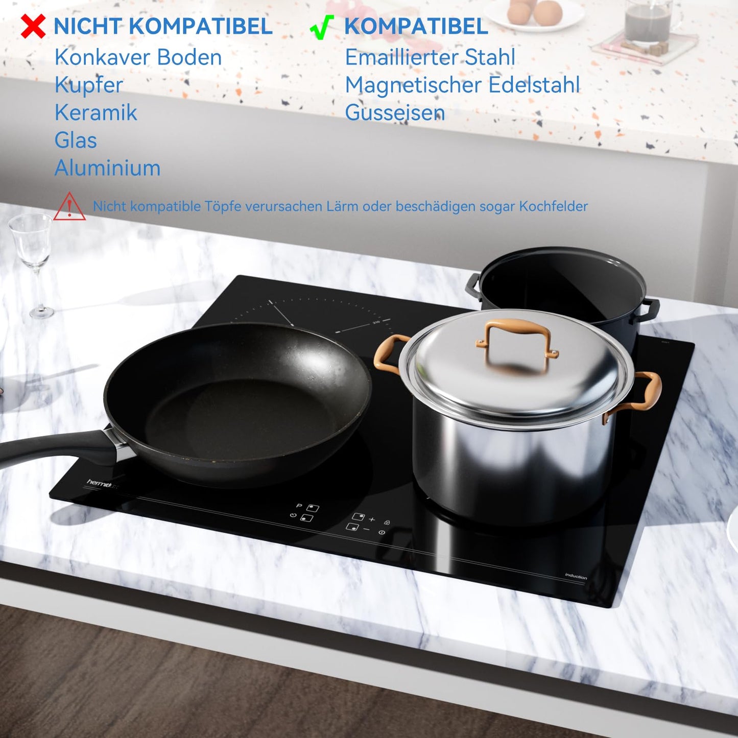 Hermitlux kochfeld 28,8cm, Glaskeramik Kochfeld 2 Platten, 9 Leistungsstufen, Touch-Steuerung, Timer, Kindersicherung, Geeignet für Alle Töpfe, 3300W