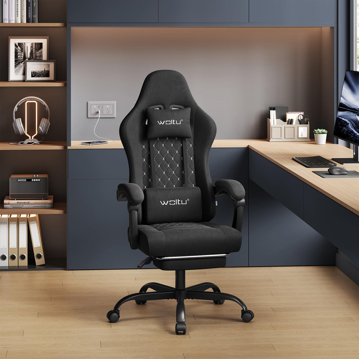 WOLTU Gaming Stuhl mit Massagefunktion, Computerstuhl Ergonomisch, Taschenfederkissen, Lendenmassage, Kopfkissen, Fußstütze, Drehstuhl, 150 kg, Netzstoff, Rosa+Weiß