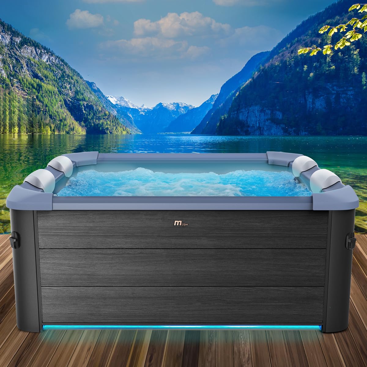 BRAST Whirlpool MSpa Oslo & Oslo Plus XXL mit Fester Außenwand | 160x160x65cm - 180x180x65cm | LED-Beleuchtung 20 Farben | 6 Personen | 120-140 Massagedüsen | Ganzjähriger Einsatz Winterfest