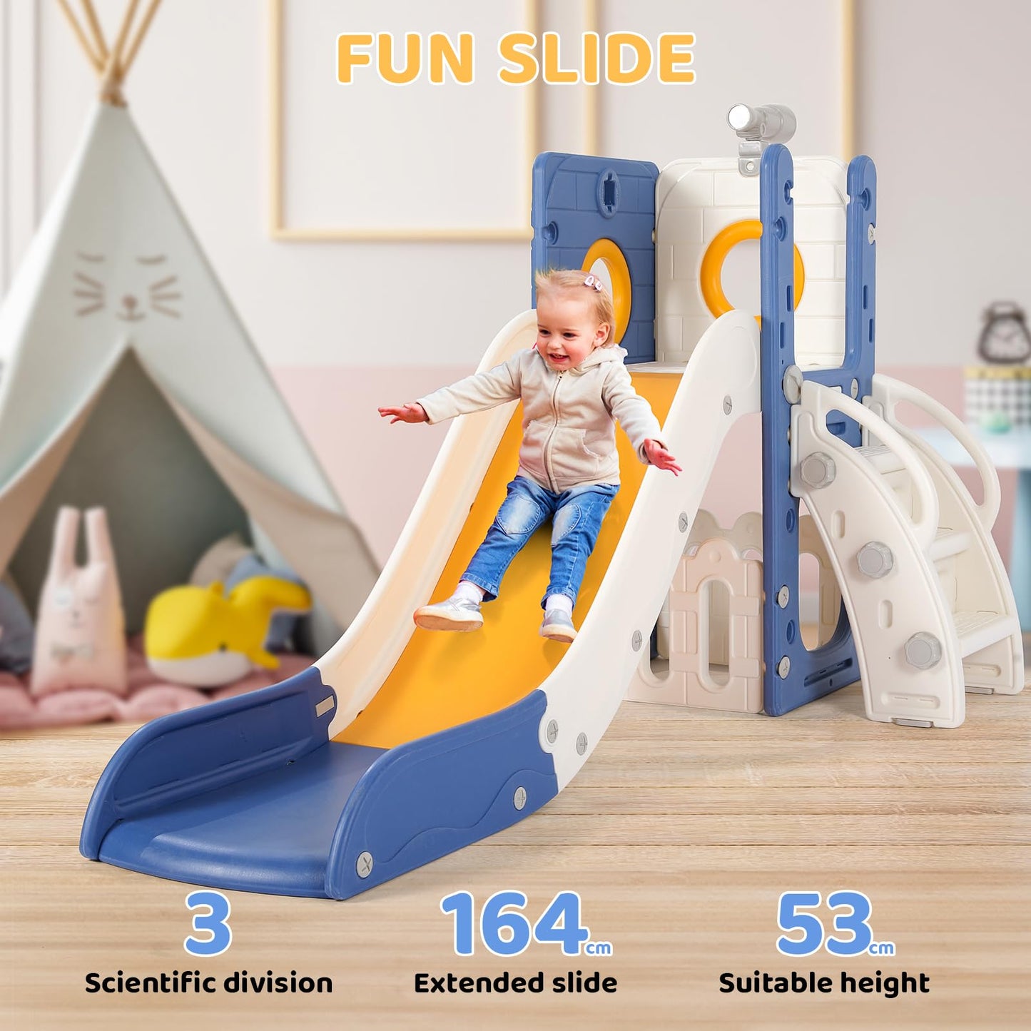 Swing Slide, 5-in-1 Children's Slide with Swing, Climbing Frame, Telescope, Storage, Indoor and Outdoor Freestanding Slide, Playground for Toddlers, for Max 60 kg from 1-6 Years, 2 Pieces Modules