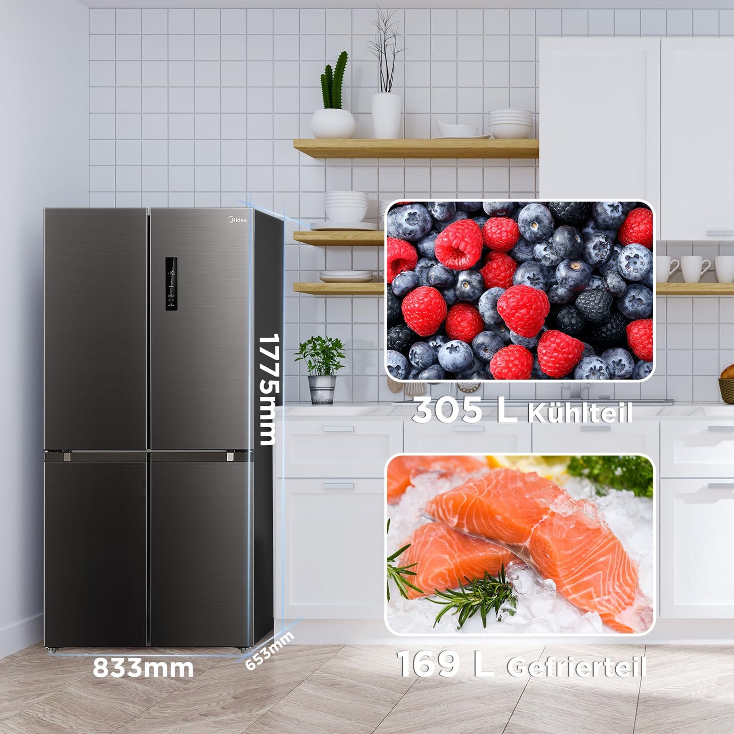 Midea MDRF632FIE28 Multi Door Fridge/Freezer Combination / 177.5 cm Height / 83.3 cm Width / 65.3 cm Depth / NoFrost / 295 kWh per Year / 305 L Fridge Capacity / 169 L Freezer Capacity / Plasma Pure /