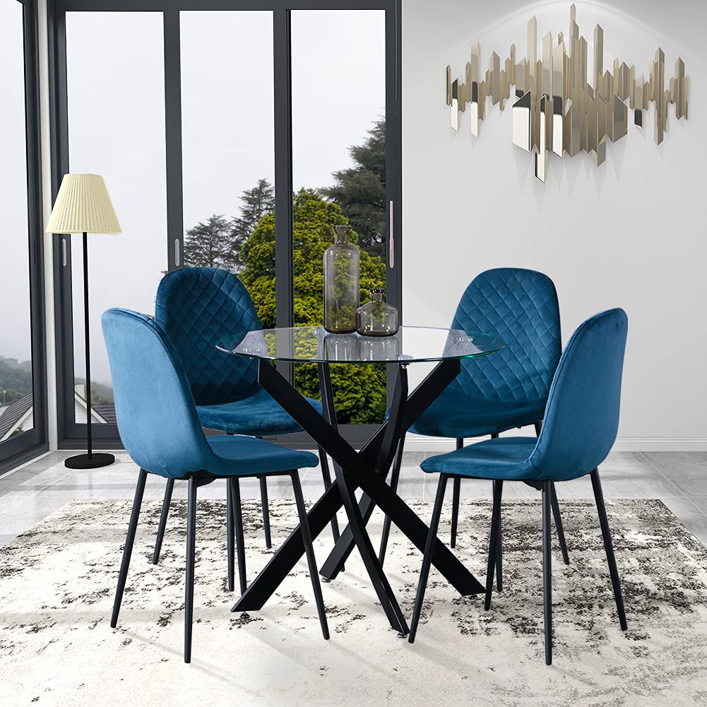 GOLDFAN Esstisch Rund Glas Moderner Küchentisch 80cm Runder Glas Esszimmertische mit Metallbeinen für Esszimmer Wohnzimmer Küche, Schwarz