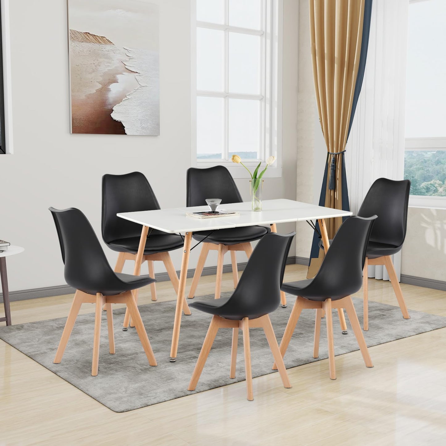 H.J WeDoo Esszimmergruppe mit 4 Essstühlen, Rechteckig Esstisch und Stühle für Esszimmer, Küche, Wohnzimmer, Weißer Esstisch und Graue Stühle