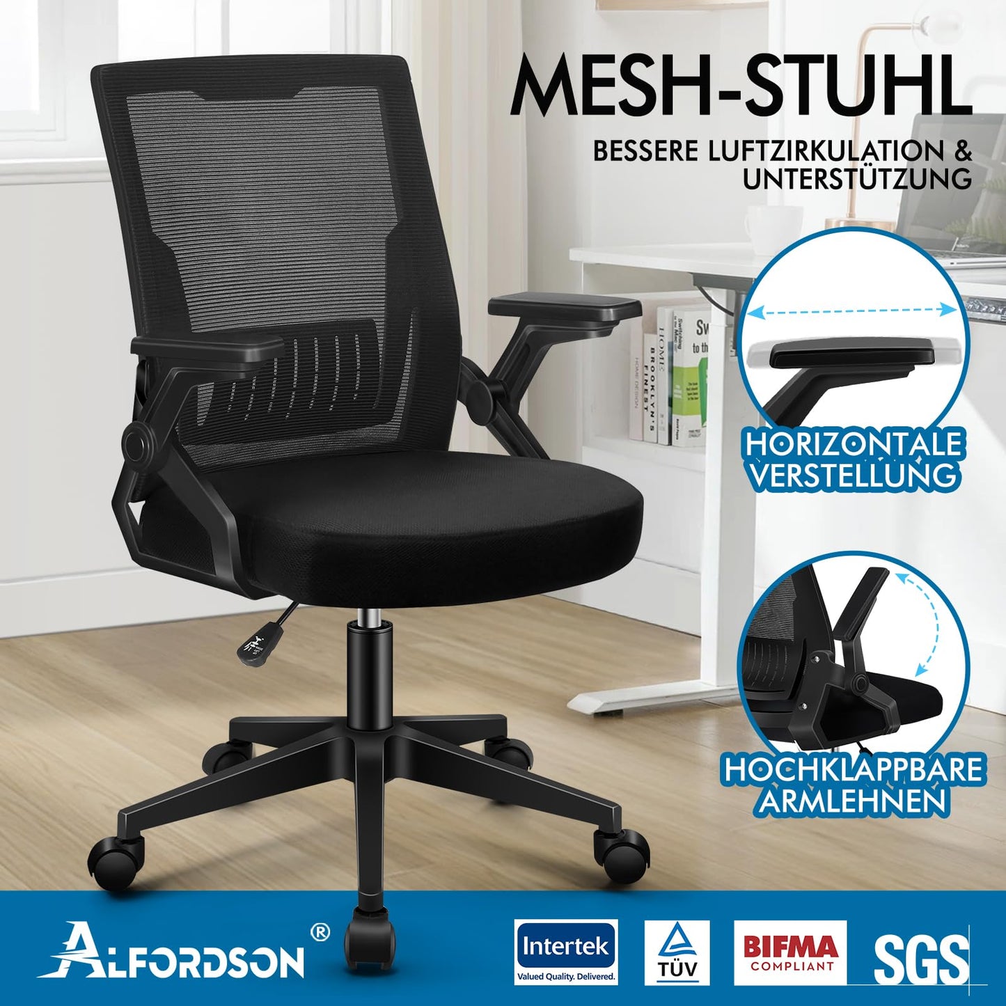 ALFORDSON Bürostuhl, Lendenstütze, Atmungsaktives Netz und Stoff, Hochklappbare/Verstellbare Armlehnen, Hochwertiger Schaumstoff, 180kg für Zuhause & Gaming, Wale, Schwarz