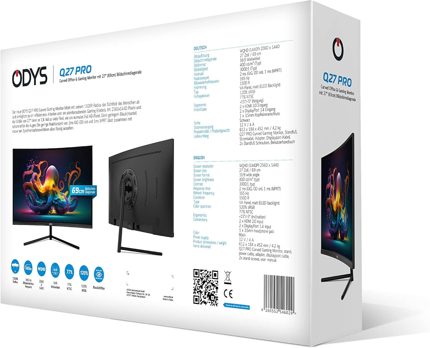ODYS i27-Q-180-27 Inch Gaming Monitor (69 cm Screen, WQHD, 2,560 x 1,440 Pixels, 180 Hz, 1ms Response Time (MPRT), Fast IPS Panel, 120% sRGB, FreeSync, 2x HDMI, 2x Display Port)