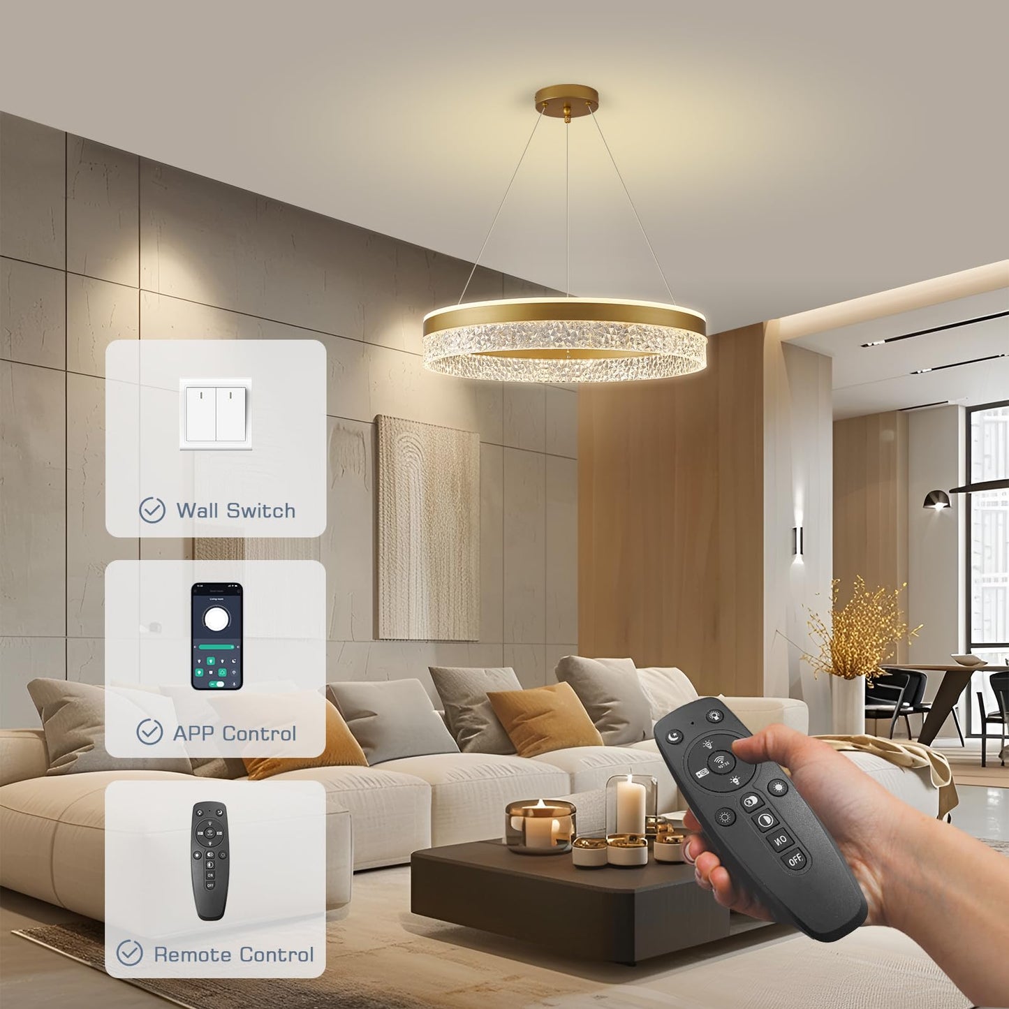 KSIBNW 3 Ringen Moderne LED Hängelampe Esstisch,45W LED Hängeleuchte & Pendelleuchten Höhenverstellbar für Esszimmer Wohnzimmer,Dimmbar Hängeleuchte Aluminium Mit Fernbedienung,3000K-6500K,Schwarz