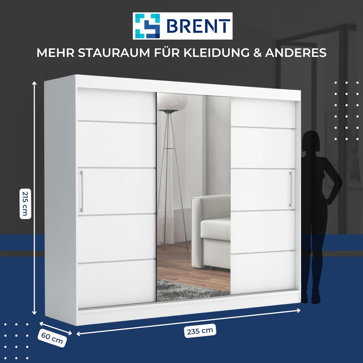 Brent - Kleiderschrank mit Spiegel und Schubladen 235cm Breit Chelsea Tomy, Schwebetürenschrank mit Spiegel, Schlafzimmerschrank, Kleiderschrank Schwarz