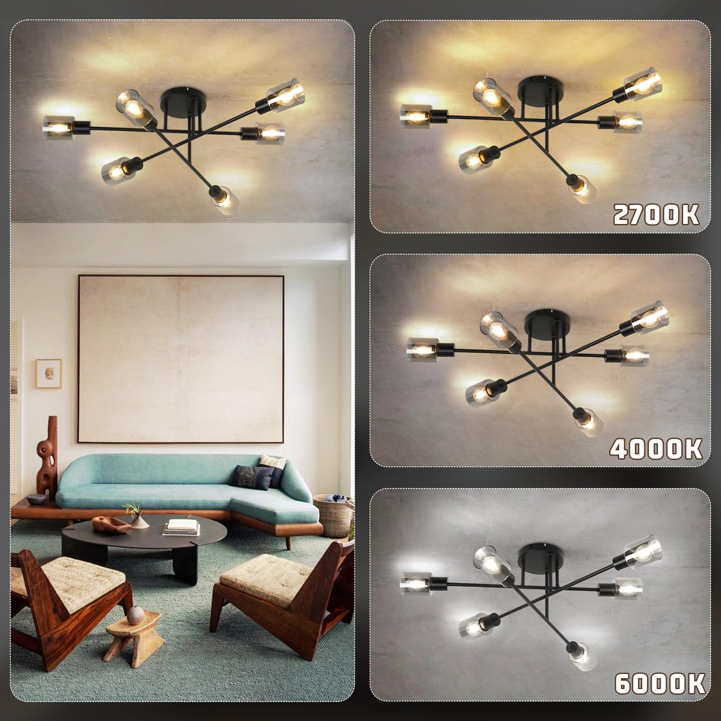 Kowanie Deckenlampe Vintage 6 flammig: Industrial Wohnzimmerlampe Schwarz Deckenleuchte Wohnzimmer retro Kronleuchter aus Glas Deckenbeleuchtung inkl. 6 × E14 2700K Leuchtmittel für Küche