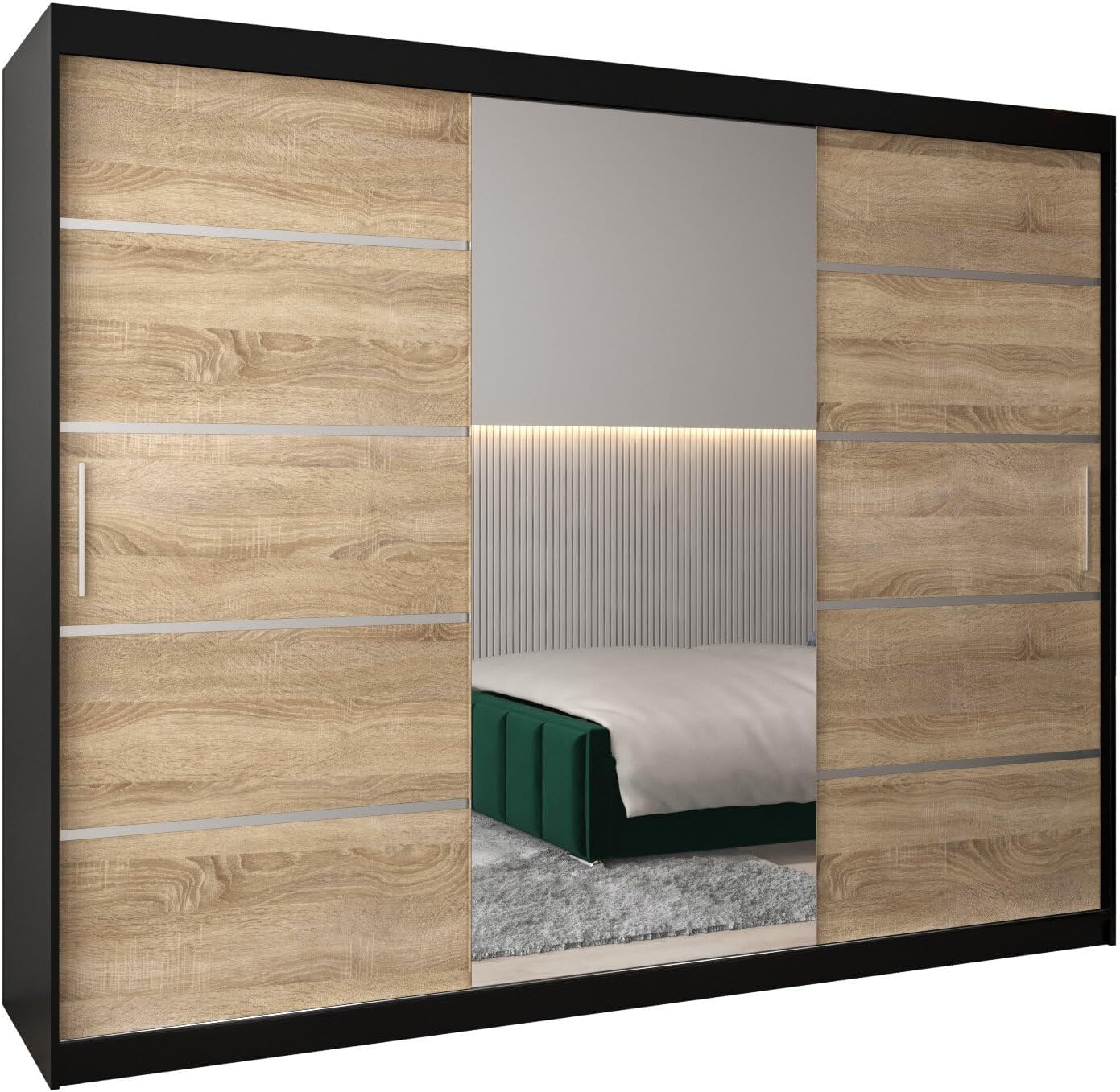 MEBLE KRYSPOL Kleiderschrank mit Spiegel Verona 2 - Garderobenschrank - Schrank Schlafzimmer - Mehrzweckschrank DREI Schiebetüren - Regalen - Flur Möbel - Kleiderstange Schrank - Allzweckschrank