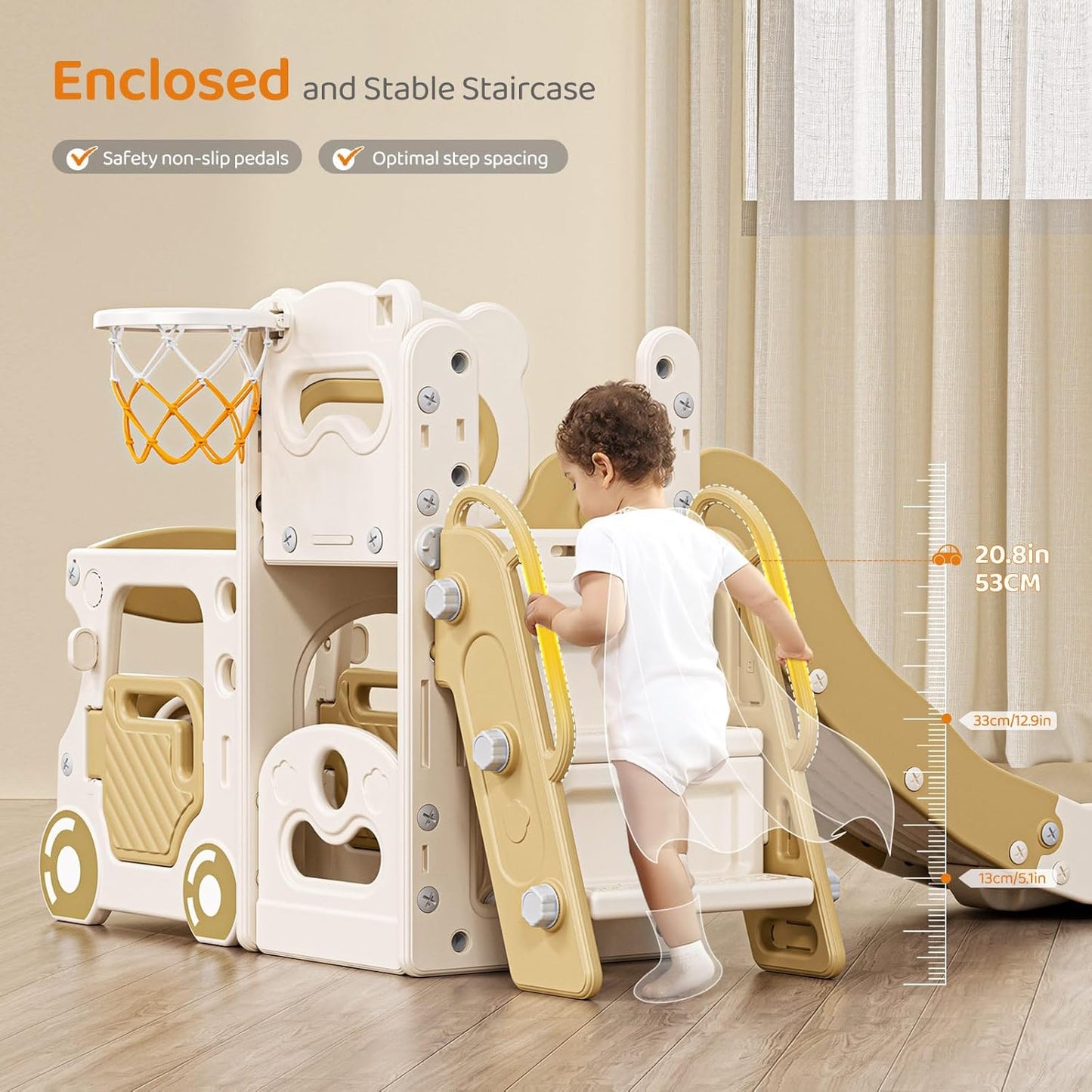 Children's Slide, Large Toddler Slide with Basketball Hoop, Climbing Frame for the Garden, Telescope, Storage Space, for 1-3 Years, Extra Long 1700 mm (7-in-1 Elk Slide Active Model (Khaki)))