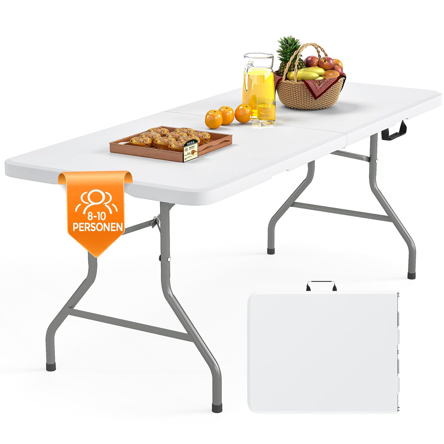 Asdsed Campingtisch 180x74 cm, Klappbar Gartentisch Buffettisch Wetterfest Tragbar Kunststoff Stabil Garten Klapptisch Partytisch Picknicktische Balkontisch