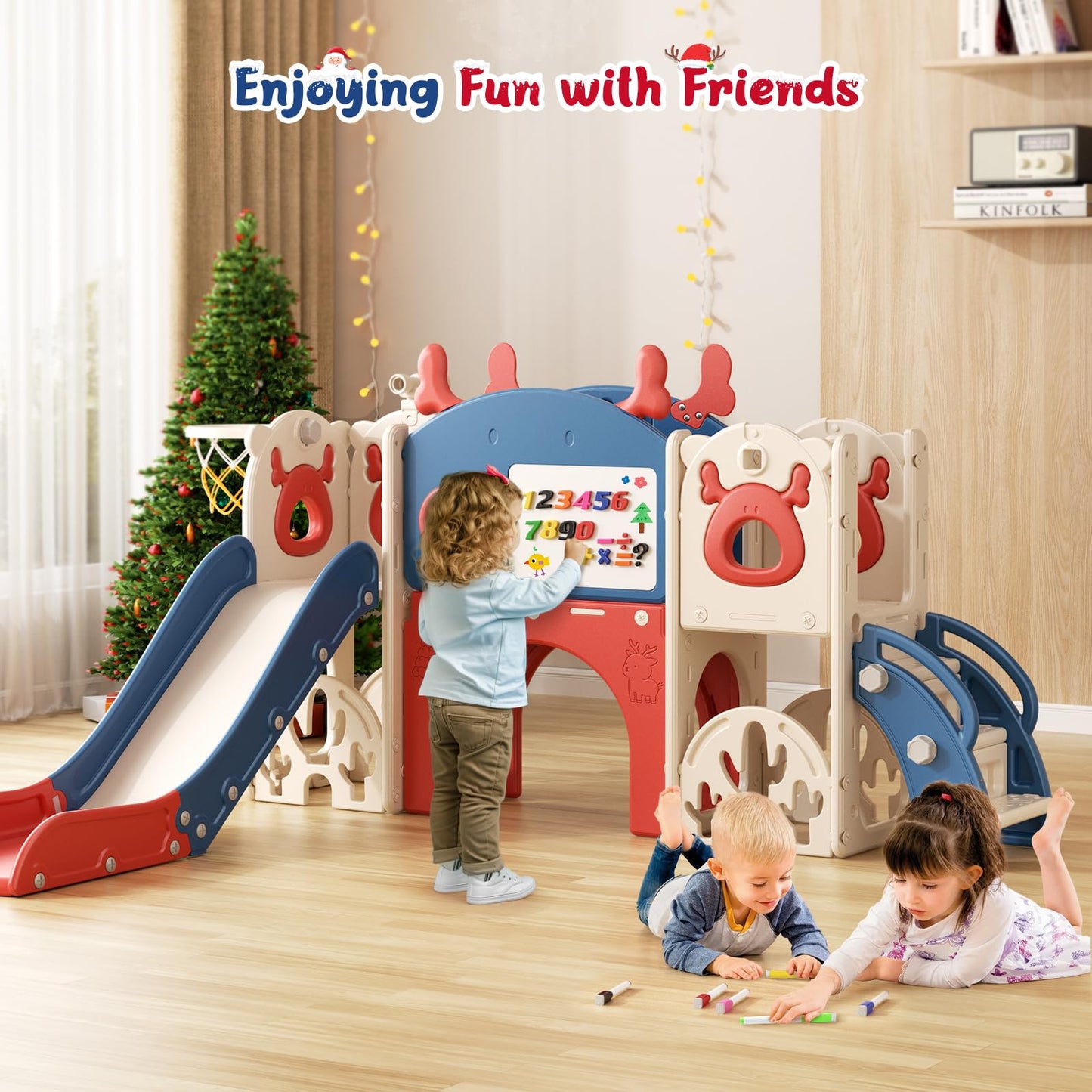 Krovtoy Kleinkindrutsche mit Weihnachtselch-Motiv, freistehende Kleinkindrutsche mit Golf-Set, Babyrutsche, Spielplatzgerät, für den Innen- und Außenbereich (Grau Beige - 6 in 1)