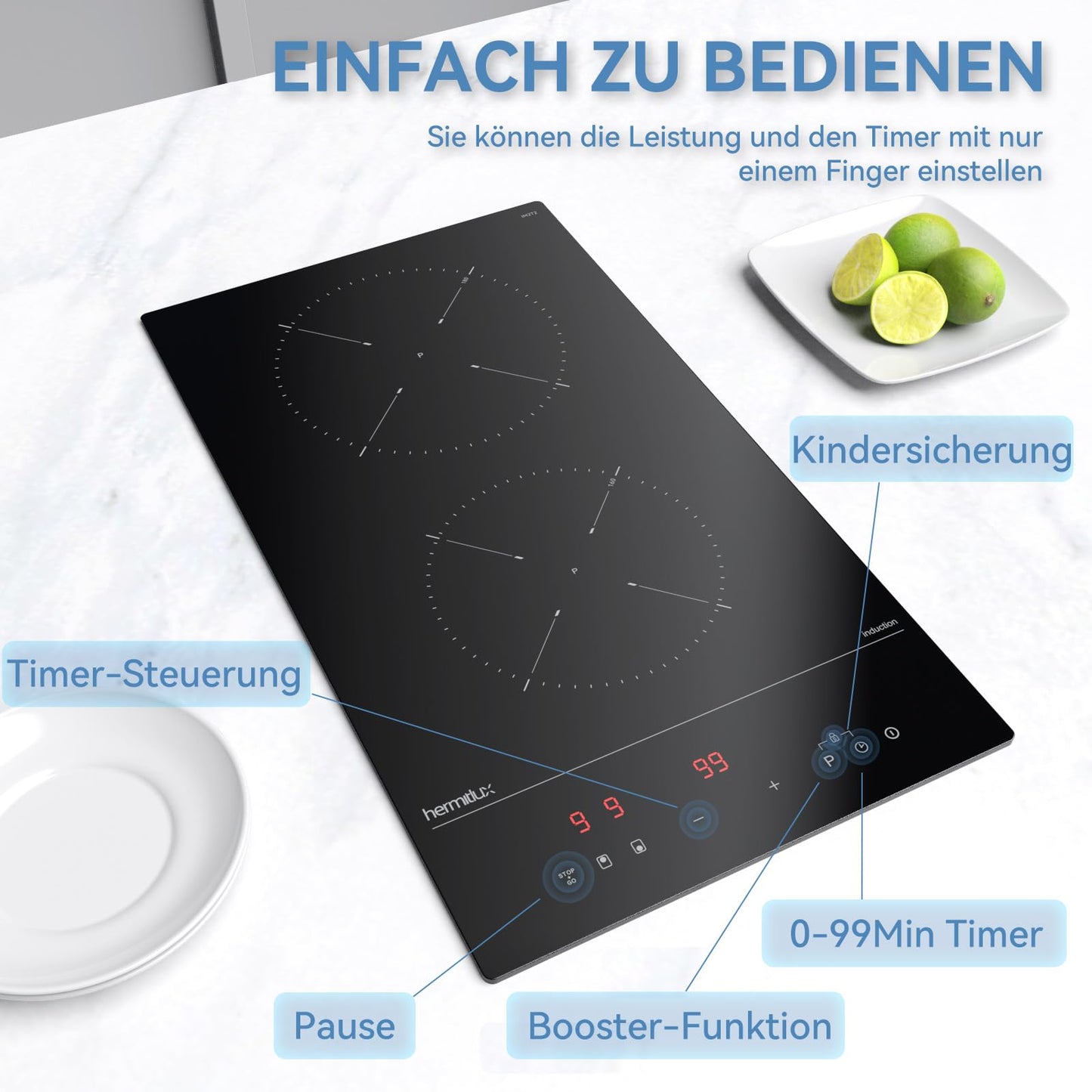 Hermitlux kochfeld 28,8cm, Glaskeramik Kochfeld 2 Platten, 9 Leistungsstufen, Touch-Steuerung, Timer, Kindersicherung, Geeignet für Alle Töpfe, 3300W