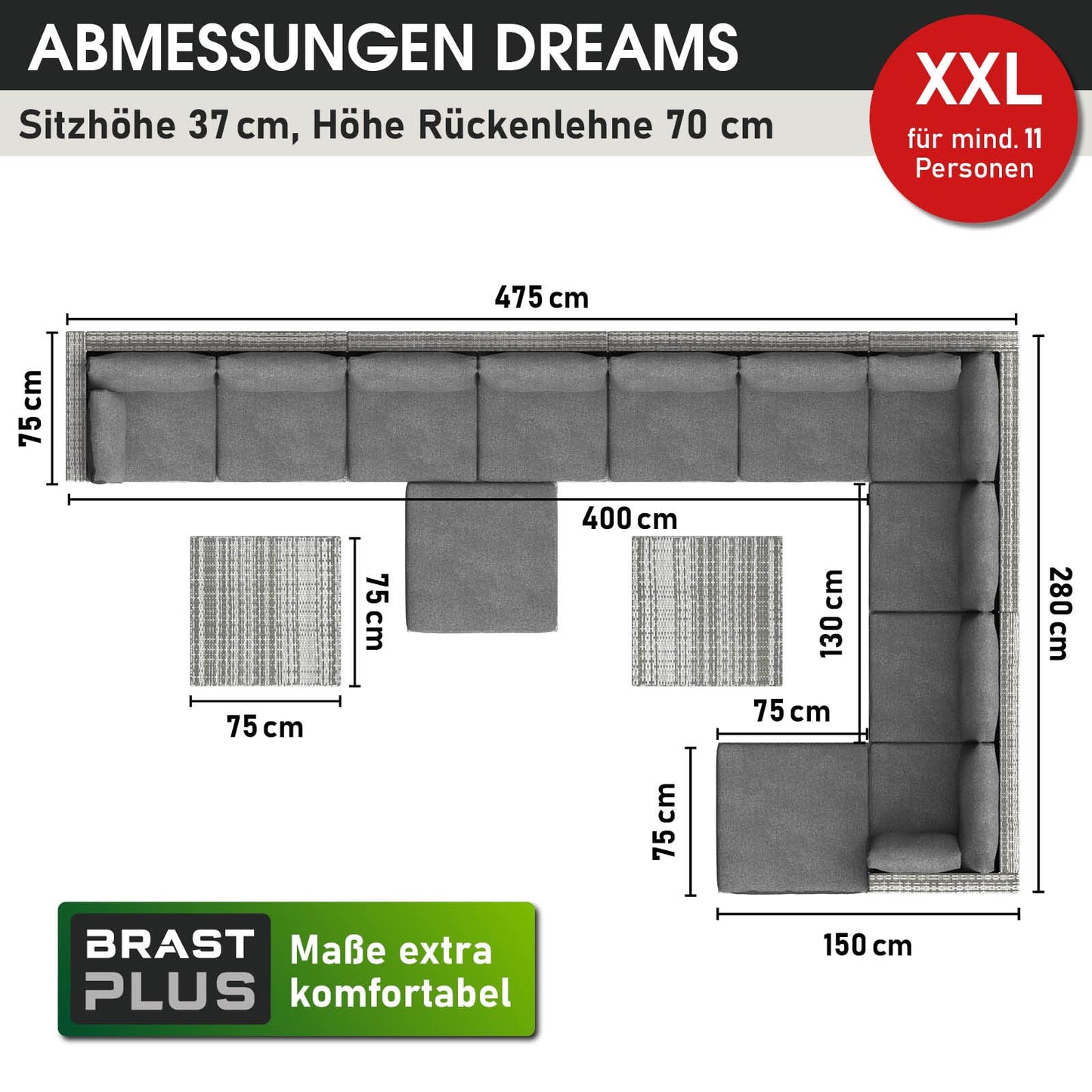 BRAST® Gartenmöbel Lounge Set XXL | 8-12 Personen viele Modelle & Farben | inkl. extra Dicke Kissen | TÜV geprüft | Outdoor Loungemöbel Sitzgruppe Essgruppe Garnitur | Dreams Grau