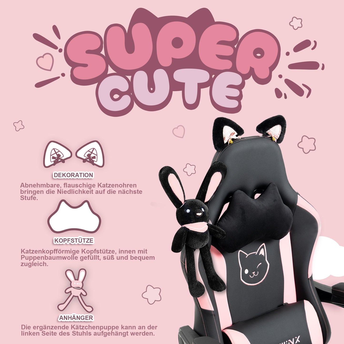 Dowinx Gaming Chair - Cute Cat Edition - Ergonomic Computer Chair with High Back and Lumbar Support, PU Leather, Footrest, Black