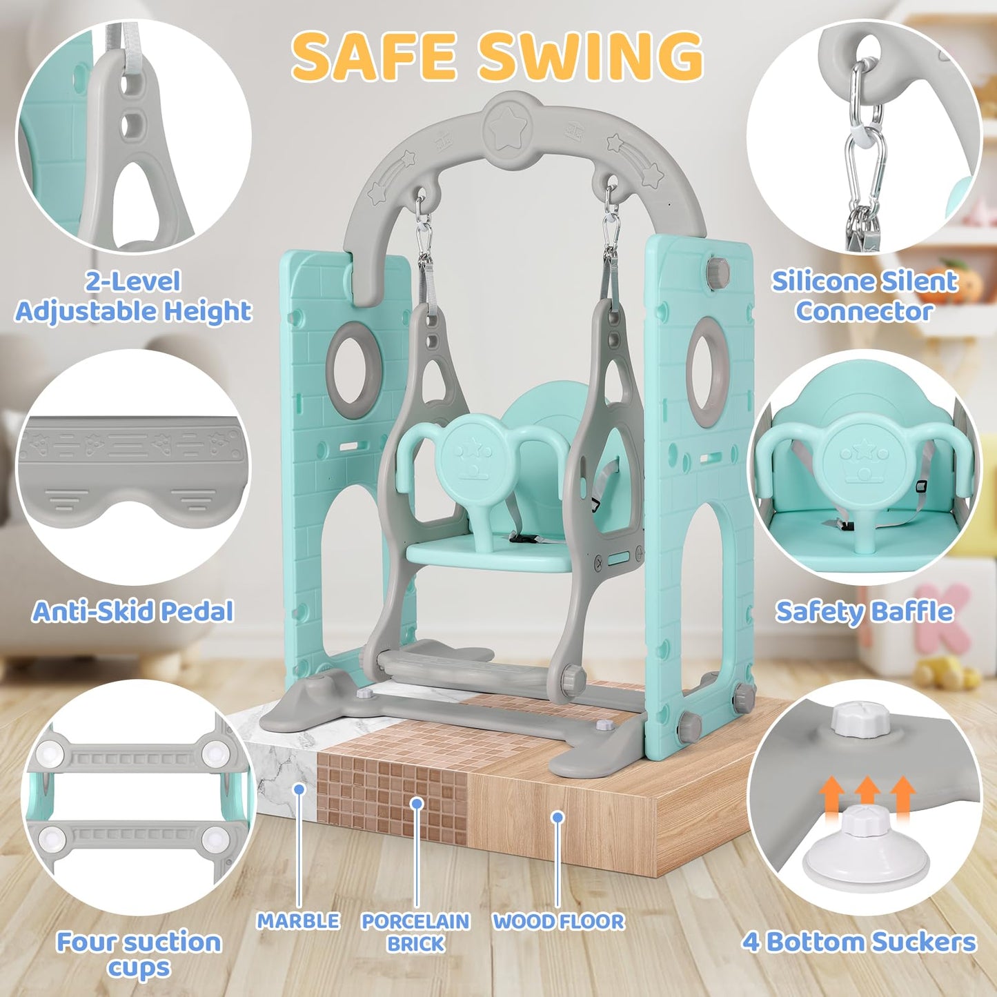 Swing Slide, 5-in-1 Children's Slide with Swing, Climbing Frame, Telescope, Storage, Indoor and Outdoor Freestanding Slide, Playground for Toddlers, for Max 60 kg from 1-6 Years, 2 Pieces Modules