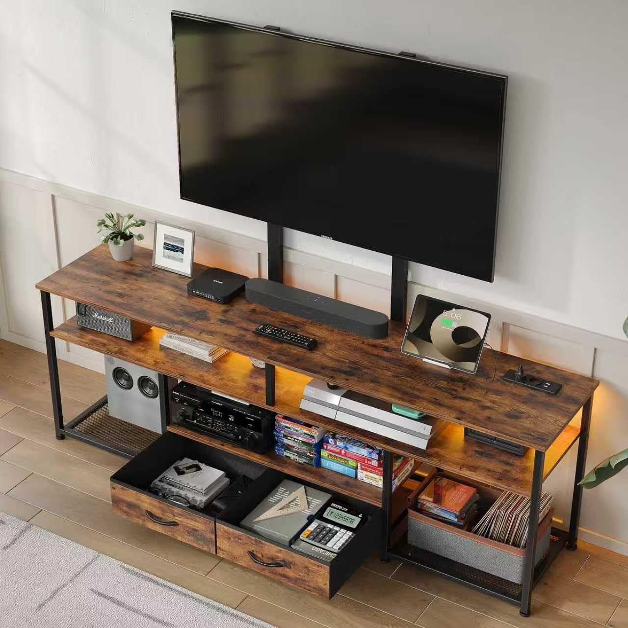 FUSOU TV Cabinet with Bracket and LED Lights, Lowboard for TVs up to 70 Inches, TV Stand with 2 Drawers, 5 Open Compartments, TV Cabinet for Living Room, Vintage Brown/Black