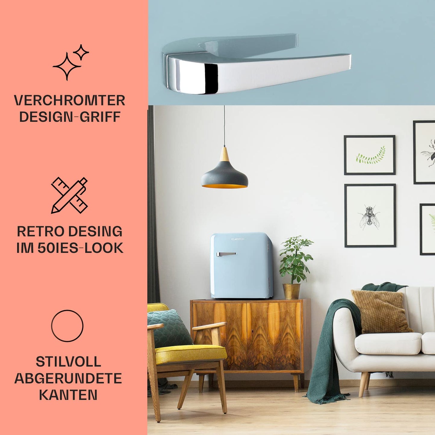 Klarstein Kühlschrank, Mini-Kühlschrank für Getränke, Kühlschrank Klein, Kleiner Kühlschrank Lautlos, Skincare Fridge, Vintage Design, Camping Kühlschrank, Minikühlschrank für Zimmer, 0-10°C, 70 L