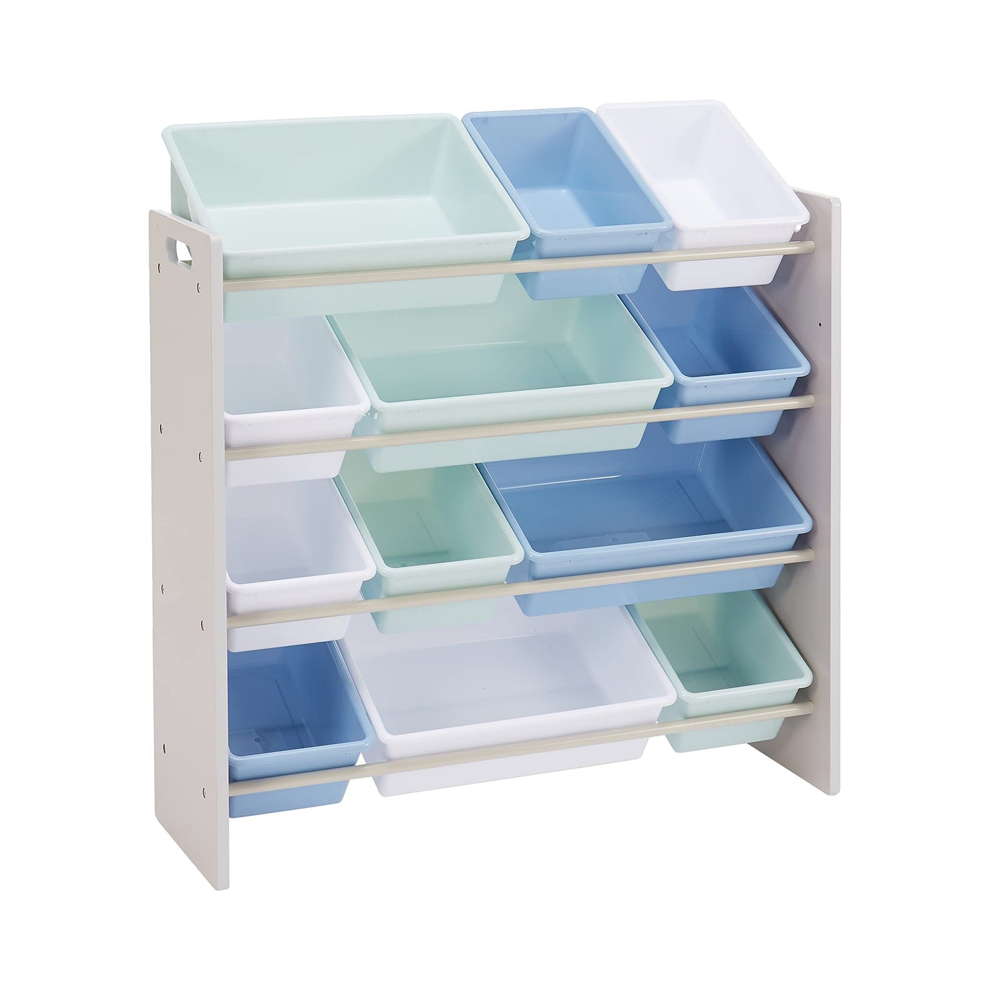 Amazon Basics Kids Toy Storage Toy Organiser with 12 Plastic Containers, White Wood with Pink Containers, 27.7 x 85.3 x 79 cm