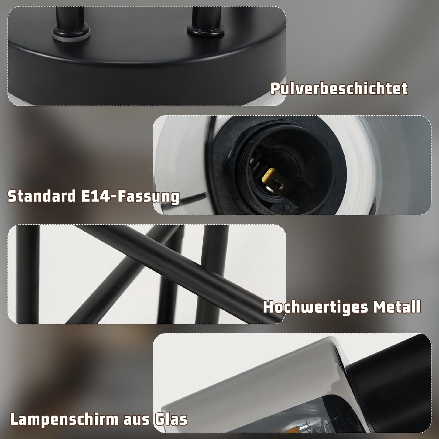 Kowanie Deckenlampe Vintage 6 flammig: Industrial Wohnzimmerlampe Schwarz Deckenleuchte Wohnzimmer retro Kronleuchter aus Glas Deckenbeleuchtung inkl. 6 × E14 2700K Leuchtmittel für Küche
